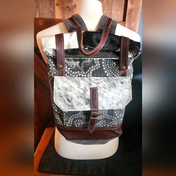 Myra Leather And Cowhide Fabric Stylish Square Backpack - Picture 2 of 15